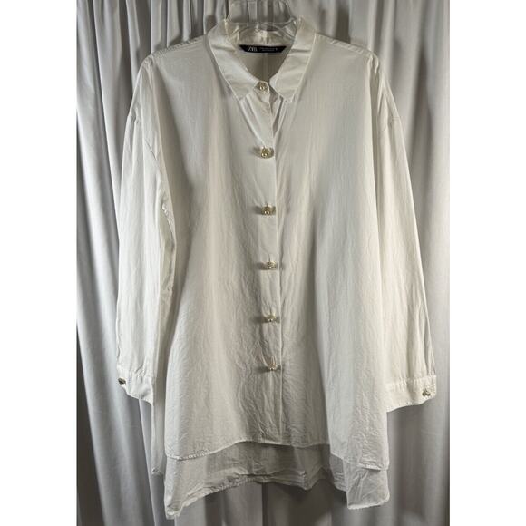 Zara Oversized w/ pearl/gold buttons Shirt White M light academia 73-48 - Picture 1 of 16